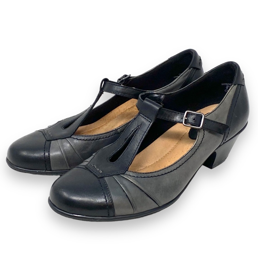 Earth Wanderlust Black Grey T Strap Maryjane Dress Pumps Leather 2 Tone Sz 7.5B